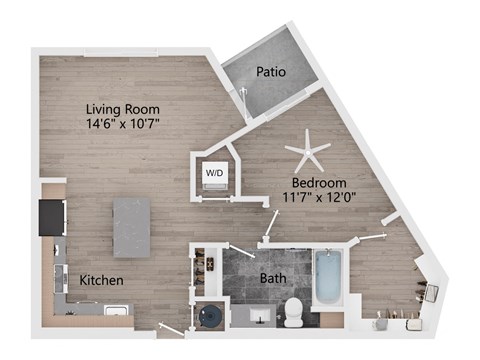 Floor plan for 1 bed, 1 bath, 621 sqft
